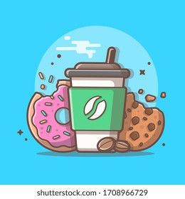 Hot Coffee with Donut and Cookies Vector Illustration. Cafe and Restaurant Menu. Cafe Logo. Coffee Shop. Flat Cartoon Style Suitable for Web Landing Page,  Banner, Flyer, Sticker, Card, Background
