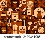 Hot coffee drink abstract geometric pattern. Geometrical shape composition, retro vector background or corporate identity abstract pattern with coffee bean, leaf, turkish jezve, takeaway paper cup