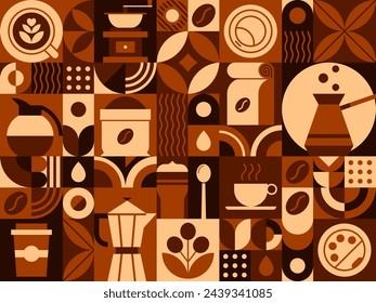 Hot coffee drink abstract geometric pattern. Geometrical shape composition, retro vector background or corporate identity abstract pattern with coffee bean, leaf, turkish jezve, takeaway paper cup svg