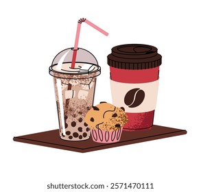 Hot coffee drink in plastic cups and cupcake on isolated background. Vector composition of breakfast, lunch in flat cartoon style. Coffee time, coffee break.