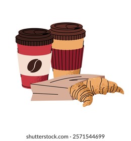 Hot coffee drink in plastic cups and croissant in bags on isolated background. Vector composition of breakfast, lunch in flat cartoon style. Coffee time, coffee break.
