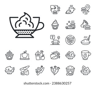 Hot coffee drink sign. Crepe, sweet popcorn and salad outline icons. Espresso with whipped cream icon. Beverage symbol. Espresso cream line sign. Pasta spaghetti, fresh juice icon. Vector