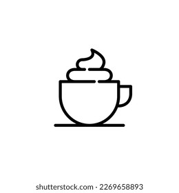Hot coffee drink with whipped cream in a cup. Pixel perfect, editable stroke icon