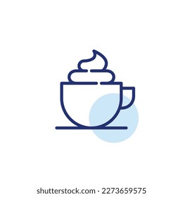 Hot coffee drink with whipped cream in a cup. Pixel perfect, editable stroke line icon