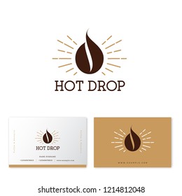 Hot coffee drop logo. Coffee emblem. Coffee drop, like coffee bean with gold sunrays. Hipster flat logo. 