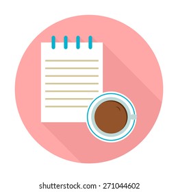 Hot coffee flat icon with Notebook, vector illustration