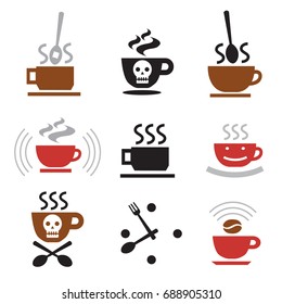 Hot Coffee funny icons.
Set of hot coffee cups funny symbols. Isolated on white background. Vector available.