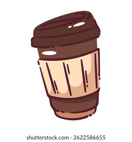 Hot coffee to go cup in cute cartoon style, featuring brown lid and textured sleeve for easy holding. Sticker of takeaway coffee cup for cozy vibes, for busy mornings. Doodle vector illustration.