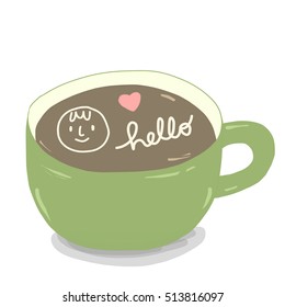 Hot coffee in green cup with latte art. Foam latte art with pictures of smiling face, Hello, heart. Greeting message. vector illustration.