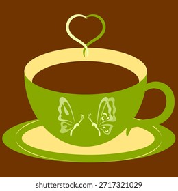 Café caliente en una taza verde con un patrón de mariposas, en un platillo, sobre un fondo marrón.