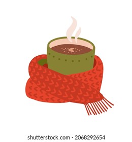 Hot coffee in green mug. Cup of sweet winter beverage swathed in red knitted scarf. Winter clipart for Christmas card. Vector flat hand drawn Illustration