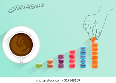 Hot coffee and Hand in drawing style put macaroon to the graph on blue mint background