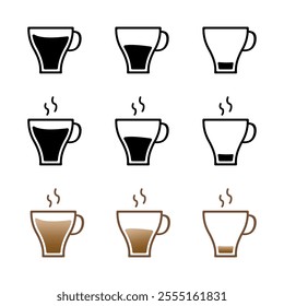 Hot coffee icon on white background. Set icon hot drink. Mocha, espresso, cappuccino, latte. Icons cup coffees in vector design