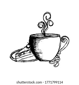 Hot coffee, illustration of coffee beans, cake and refreshing flavored drink, vintage style.