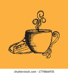Hot coffee, illustration of coffee beans, cake and refreshing flavored drink, vintage style.