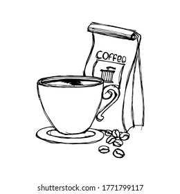 Hot coffee, illustration of coffee beans and refreshing flavored drink, vintage style.