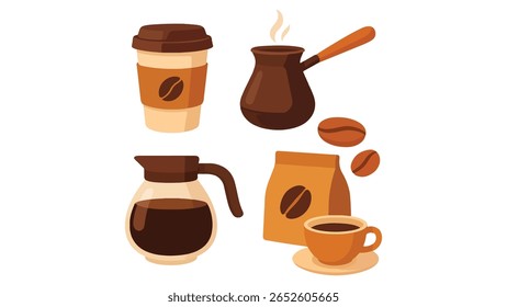 Hot Coffee Illustration Latte Beverage Concept com Xícara, Feijões e Vapor para Menus de Café, Rituais da Manhã e Menu de Restaurante Design de Amantes de Café