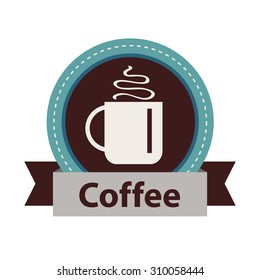 Hot coffee label in brown and blue colors. 