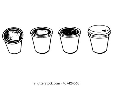 Hot coffee latte art in white cup series black and white sketch vector.