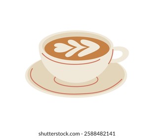 Hot coffee latte cup illustration with latte art milk foam in cup mug. Americano cup, cappuccino or latte. Hot coffee cup modern cartoon illustration