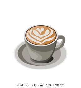 Hot coffee latte in a gray ceramic cup.Vector illustration isolated on white background.Can be used for logo, icon, restaurant menu, packaging, and graphic.home making coffee.