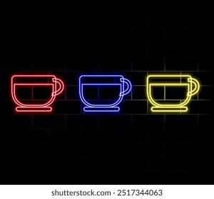 Icono de línea de café caliente. Luces láser de neón. Signo de bebida de té. Símbolo de café. Burbuja de discurso láser brillante. Burbuja de chat de luces de neón. Insignia de Anuncio con ícono de café. Vector