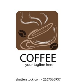 hot coffee logo with cup and coffee beans on the side