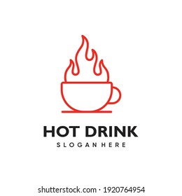 Hot coffee logo with cup and fire flame icon design for coffee shop or coffee brand in minimalist monoline style