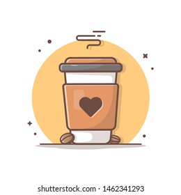 Hot Coffee with Love Vector Illustration.  Happy Breakfast. Coffee Shop. Cafe. Coffee Mascot Logo. Flat Cartoon Style Suitable for Web Landing Page, Banner, Flyer, Sticker, Wallpaper, Card, Background