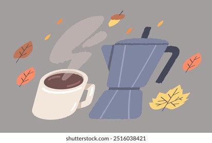 С de café caliente y cafetera. Acogedora composición otoñal. Ilustración vectorial de estilo dibujado a mano