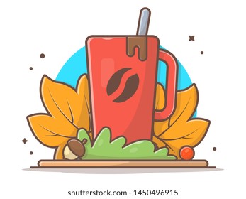 Hot Coffee with Maple Leaves and Acorn Autumn Vector Illustration. Happy Autumn. Autumn Vector Illustration. Flat Cartoon Style Suitable for Web Landing Page,  Banner, Flyer, Sticker, Card, Background