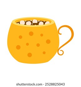 Café caliente con malvaviscos en taza, bebida caliente, bebida de otoño o invierno, Ilustración vectorial plana de dibujos animados con taza acogedora