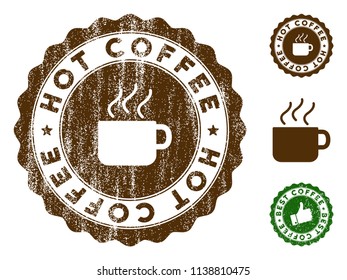 Hot Coffee medallion stamp. Vector seal imprint imitation with grunge style and coffee color. Brown rubber seal stamp with grunge design of Hot Coffee label.
