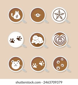 Hot coffee menu in a cute mug. Top view. Latte, cappuccino, Americano, espresso, mocha, cocoa, sponge. Vector illustration. Easy to edit.