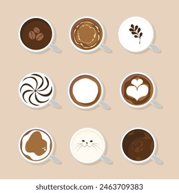 Hot coffee menu in a cute mug. Top view. Latte, cappuccino, Americano, espresso, mocha, cocoa, sponge. Vector illustration. Easy to edit.