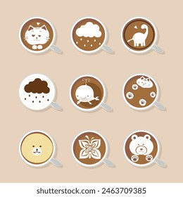 Heiße Kaffeekarte in einem süßen Becher. Draufsicht. Latte, Cappuccino, Americano, Espresso, Mokka, Kakao, Schwamm. Vektorillustration. Einfach zu bearbeiten.