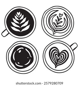 
Hot coffee menu. Front view. Latte, cappuccino, americano, espresso, mocha, cocoa. Vector illustration.