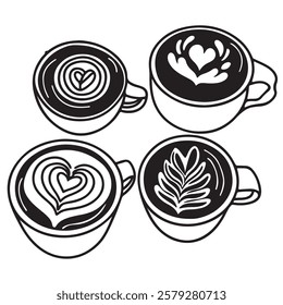 
Hot coffee menu. Front view. Latte, cappuccino, americano, espresso, mocha, cocoa. Vector illustration.