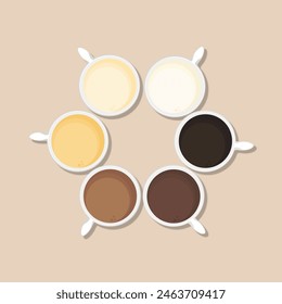 Menú de café caliente en un vaso degradado. Vista superior. Café con leche, capuchino, americano, espresso, moca, cacao. Ilustración vectorial. Fácil de editar.