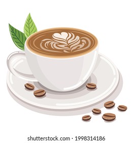 hot coffee menu in white cup front view Composition of coffee beans and coffee leaves on a white background.