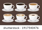 Hot coffee menu in white cups. Front view. Latte, cappuccino, americano, espresso, mocha, cocoa. Vector illustration.
