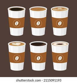 Hot coffee menu in white cups. Take away. Front view. Latte, cappuccino, americano, espresso, mocha, cocoa. Vector illustration.