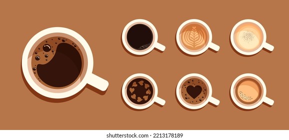 Menú de café caliente en tazas blancas. Vista desde arriba. Juego de bebidas: latte, capuchino, americano, espresso, mocha, cacao. Ilustración vectorial de una cafetería.