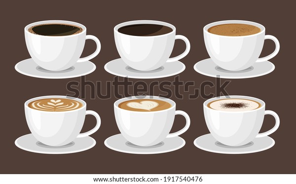 Hot coffee menu in white cups. Front view.\
Latte, cappuccino, americano, espresso, mocha, cocoa. Vector\
illustration.