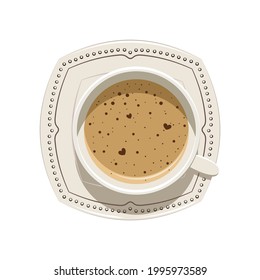Hot coffee with milk in porcelain cup. Cappuccino for breakfast with family. Top view, flat lay. Isolated illustration on white background.