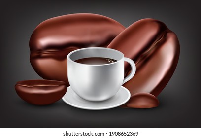 Hot coffee in a mug and coffee beans for advertising,vector coffee concept design