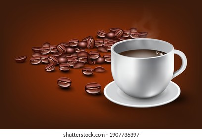 Hot coffee in a mug and coffee beans for media and advertising,vector hot drink design
