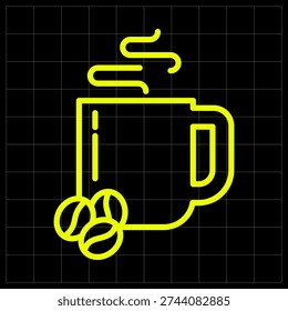 Hot Coffee Mug with Beans Neon Yellow Line Art Illustration. Energizing neon yellow coffee mug icon with coffee beans, perfect for coffee shop branding, barista apps, or office break room signs