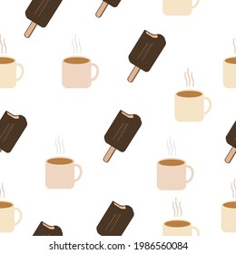 Hot coffee mug with chocolate icecream seamless pattern.