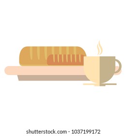 hot coffee mug and dish with bread baguette icon over white background colorful design vector illustration